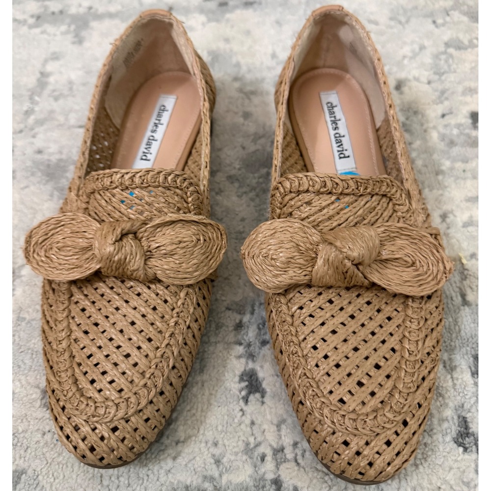 Charles David Women Tan Woven Raffia Bow Loafers Flats Size 7.5 M